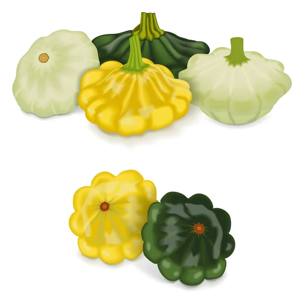 一组黄色 绿色和白色的帕蒂潘氏南瓜 斯卡洛皮或斯卡洛皮尼南瓜 夏天的壁球曲奇饼辣椒 水果和蔬菜 在白色背景上孤立的向量图 — 图库矢量图片