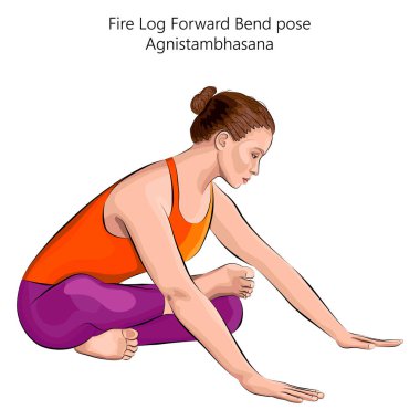 Yoga egzersizi yapan genç bir kadın, Ateş Kütüğü Virajı pozu veriyor. Agnistambhasana. Oturdu ve öne eğildi. Acemi. Vektör illüstrasyonu beyaz arkaplanda izole edildi.