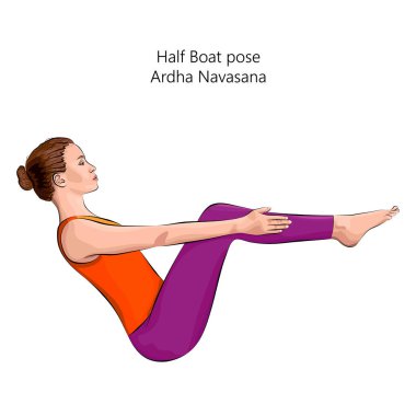 Genç bir kadın yoga egzersizi yapıyor, Half Boat pozu veriyor. Ardha Navasana. Oturdum ve dengede durdum. Acemi. Vektör illüstrasyonu beyaz arkaplanda izole edildi.