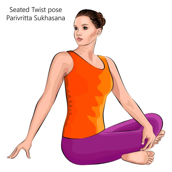 Mujer Joven Practicando Ejercicio Yoga Haciendo Pose Seated Twist Parivritta — Vector de stock