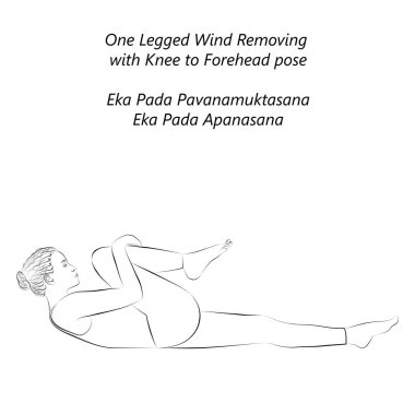 Yoga yapan genç bir kadının çizimi, Tek Bacaklı Rüzgar Alnından Diz ile Kaldırma pozu. Eka Pada Pavanamuktasana. Eka Pada Apanasana. Vektör illüstrasyonu şeffaf arkaplanda izole edildi.