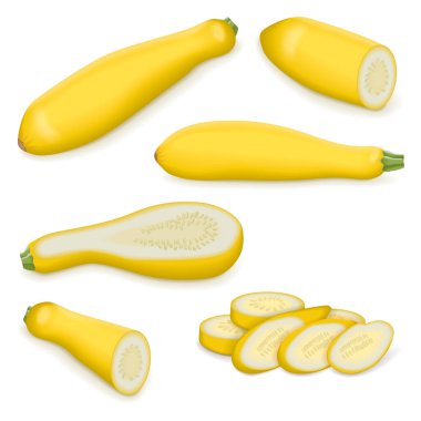 Set with whole, half, quarter, slices, and wedges of StraightNeck or Straight Neck. Summer squash. Cucurbita pepo. Fruits and vegetables. Vector illustration isolated on white background. clipart