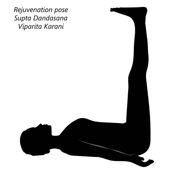 stock vector Silhouette of young woman practicing yoga, doing Rejuvenation pose or Supine Staff pose. Supta Dandasana or Viparita Karani. Supine. Balancing. Vector illustration isolated on transparent background.