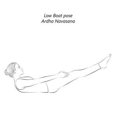 Yoga yapan genç bir kadının çizimi, Alçak Tekne pozu ya da kano pozu. Ardha Navasana. Oturdum ve dengede durdum. Acemi. Vektör illüstrasyonu şeffaf arkaplanda izole edildi.