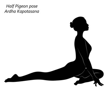 Düz siyah siluet, yoga yapan genç bir kadın, Yarım Güvercin pozu ya da Kuğu pozu veriyor. Ardha Kapotasana. Oturdum ve arkamı döndüm. Acemi. Vektör illüstrasyonu şeffaf arkaplanda izole edildi.