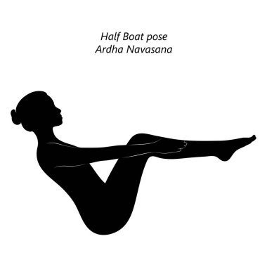 Düz siyah siluet, yoga yapan, Half Boat pozu veren genç bir kadın. Ardha Navasana. Oturdum ve dengede durdum. Acemi. Vektör illüstrasyonu şeffaf arkaplanda izole edildi.