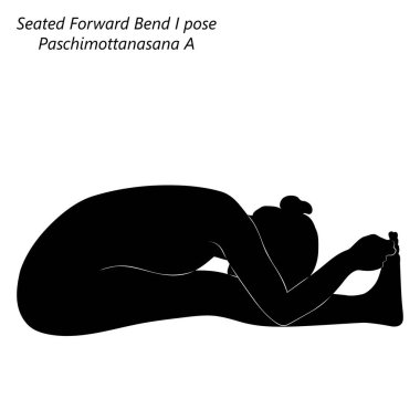 Yoga yapan genç bir kadının silueti, Oturmuş Forward Bend 1 pozu ya da Yoğun Batı Esnemesi. Paschimottanasana A Oturdum. Öne eğil. Vektör illüstrasyonu şeffaf arkaplanda izole edildi.