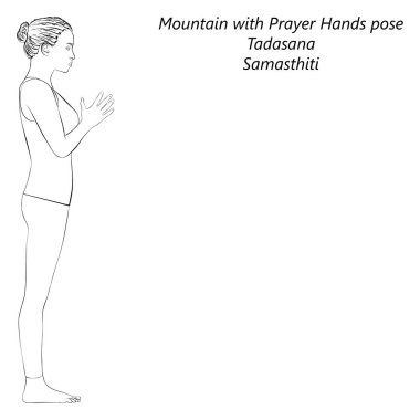 Yoga yapan genç bir kadının robot resmi. Dua eden ellerle dağ pozu veriyor. Tadasana. Pranamasana. Ayakta ve Tarafsız. Acemi. Vektör illüstrasyonu şeffaf arkaplanda izole edildi.