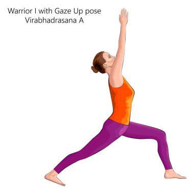 Yoga egzersizi yapan genç bir kadın, Bakış Yukarı pozuyla Warrior 1 yapıyor. Virabhadrasana A Ayakta ve Dengede. Acemi. Vektör illüstrasyonu beyaz arkaplanda izole edildi.