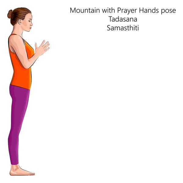 ヨガの練習を練習する若い女性は 祈りの手で山を行うポーズ タダサナ プラナマサナ 初心者 白を基調としたベクトルイラスト — ストックベクタ
