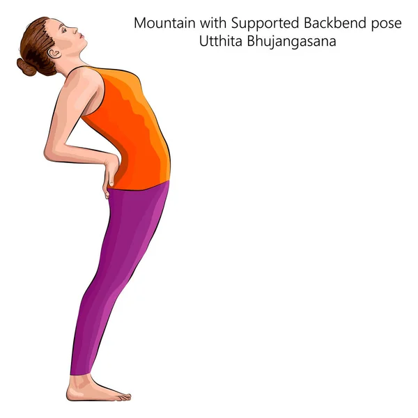 Молодая Женщина Практикует Йогу Упражнения Делая Горы Поддерживается Backbend Позе — стоковый вектор