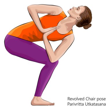 Yoga egzersizi yapan genç bir kadın, döner sandalye pozu veriyor. Parivritta Utkatasana. Ayakta ve bükük. Acemi. Vektör illüstrasyonu beyaz arkaplanda izole edildi.