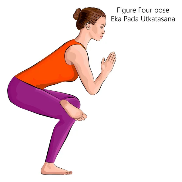 Jeune Femme Pratiquant Exercice Yoga Faisant Figure Quatre Pose Debout — Image vectorielle