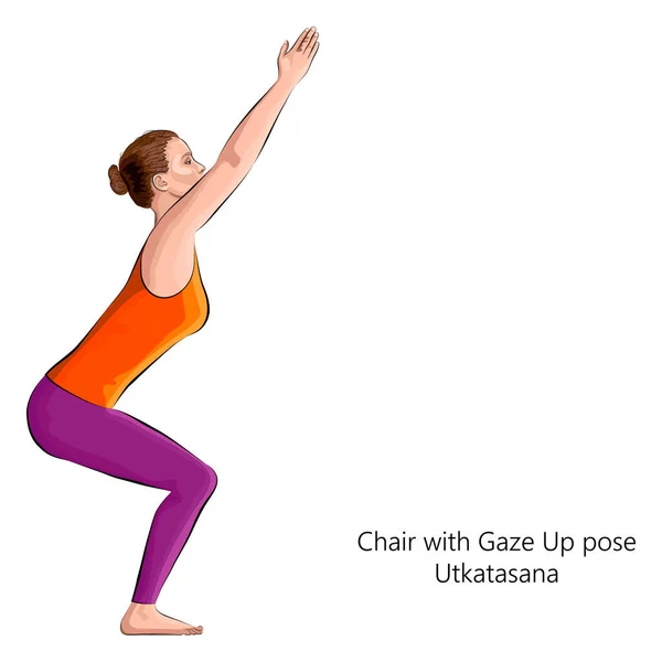 Junge Frau Praktiziert Yoga Übungen Macht Stuhl Mit Blick Nach — Stockvektor