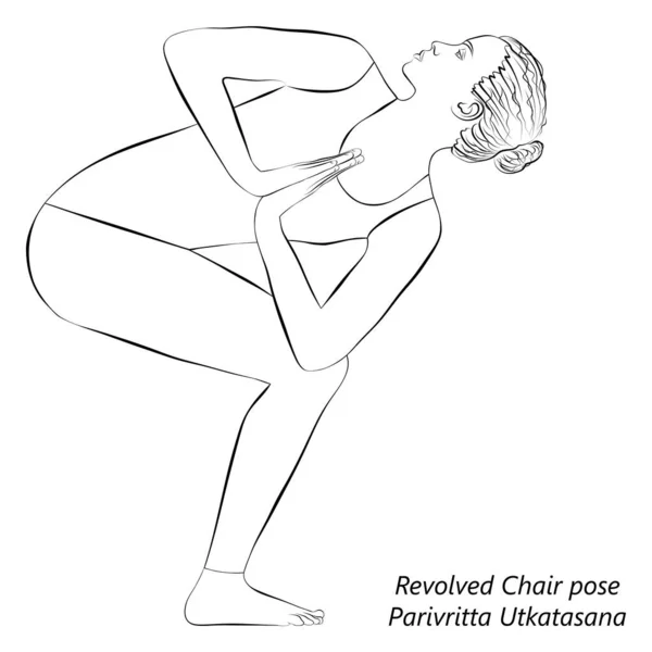 Skiss Ung Kvinna Som Utövar Yoga Gör Revolved Chair Pose Royaltyfria illustrationer