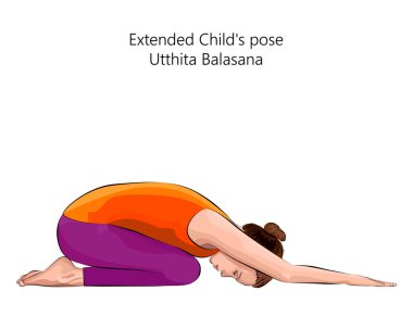 Yoga antrenmanı yapan, Genişletilmiş Çocuk pozu veren genç bir kadın. Utthita Balasana. Eğil ve öne eğil. Acemi. İzole vektör illüstrasyonu.