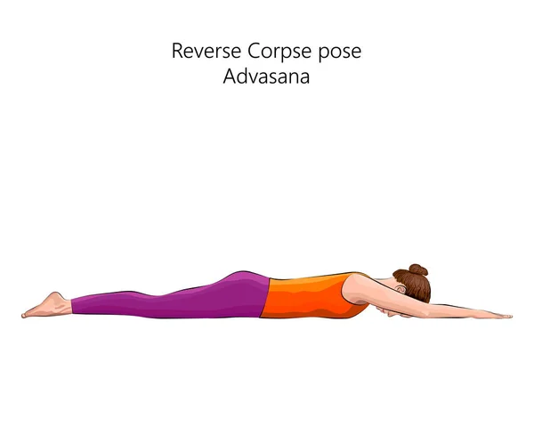 Young Woman Practicing Yoga Exercise Doing Reverse Corpse Pose Advasana — Stock Vector