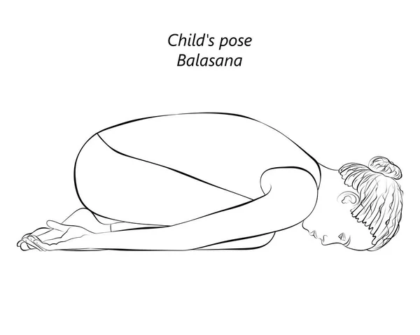 Skica Mladé Ženy Cvičit Jógu Dělat Dětské Pózy Balasana Náchylná — Stockový vektor