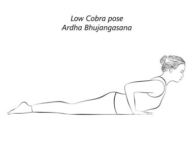 Yoga yapan genç bir kadının robot resmi, Kobra pozu ya da Bebek Kobra pozu veriyor. Ardha Bhujangasana. Geriye doğru. Eğik ve Geri Bükük. Acemi. İzole vektör illüstrasyonu.