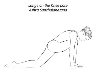 Yoga yapan genç bir kadının robot resmi. Diz üstü ya da binicilik pozu veren bir kadın. At pozu. Ashva Sanchalanasana. Kol Bacağı Destek ve Dengeleme. Acemi. İzole vektör illüstrasyonu.