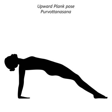 Yoga yapan, Yukarı Plank ya da Ters Plank yapan genç bir kadının silueti. Yükseltilmiş uçak duruşu. Purvottanasana. Kol Bacağı Desteği ve Arka Büküm. Acemi. İzole vektör illüstrasyonu.