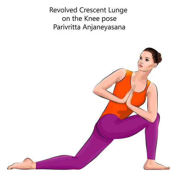 Yoga Egzersizi Yapan Genç Bir Kadın Diz Üstünde Revolved Crescent — Stok Vektör