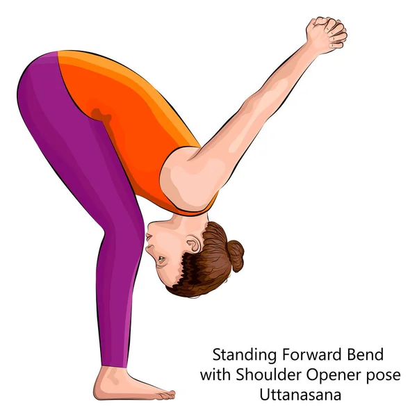 Young Woman Practicing Yoga Exercise Doing Standing Forward Bend Shoulder — Stock Vector