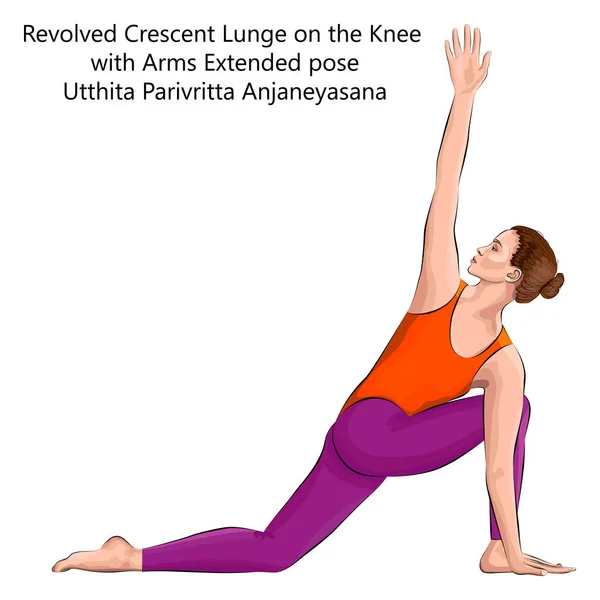 Jeune Femme Pratiquant Exercice Yoga Faire Revolved Crescent Lunge Sur — Image vectorielle