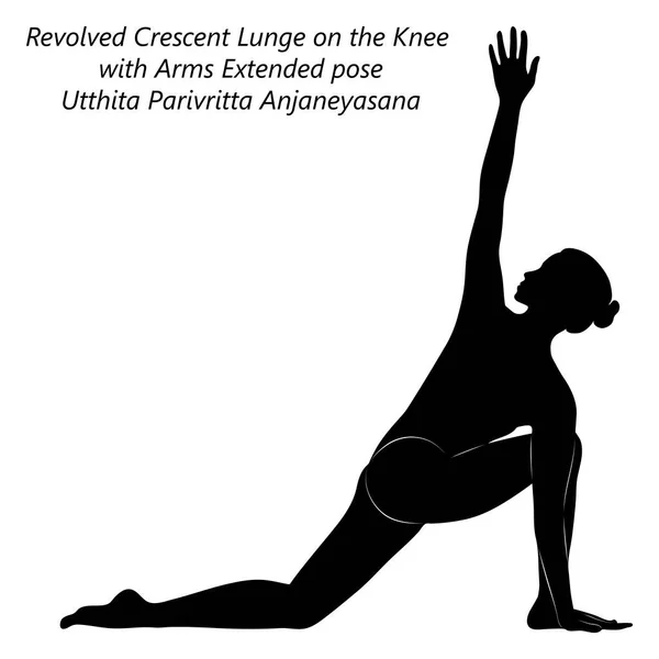 Silhouette Jeune Femme Pratiquant Yoga Faisant Revolved Crescent Lunge Sur — Image vectorielle