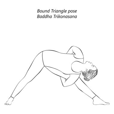 Yoga yapan, Bağlı Üçgen pozu veren genç bir kadının çizimi. Baddha Trikonasana. Ayakta ve Yandan Eğil. Orta karar. İzole vektör illüstrasyonu.