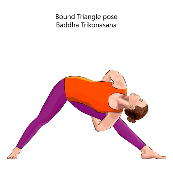 Junge Frau Praktiziert Yoga Übungen Macht Gebundene Dreieckshaltung Baddha Trikonasana — Stockvektor