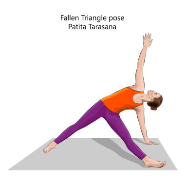 Yoga egzersizi yapan, Düşmüş Üçgen pozu veren ya da Düşmüş Yıldız pozu veren genç bir kadın. Patita Tarasana. Kol Bacağı Desteği ve Arka Büküm. Orta karar. İzole vektör illüstrasyonu.