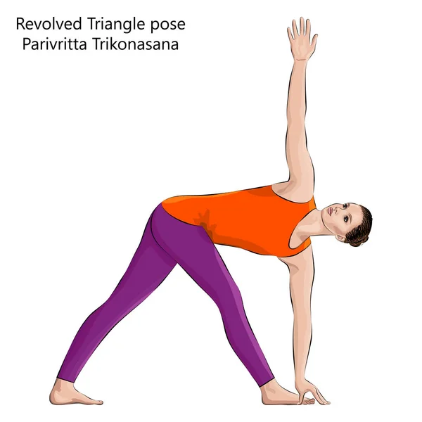 年轻女子练习瑜伽 做旋转三角形姿势 Parivritta Trikonasana 站立和扭曲 孤立的矢量说明 — 图库矢量图片