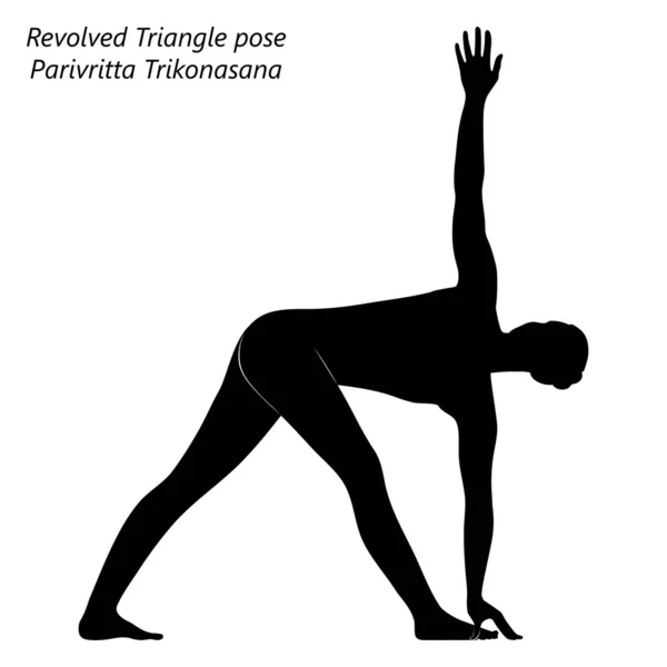 Silhouette Jeune Femme Pratiquant Yoga Faisant Triangle Revolved Pose Parivritta — Image vectorielle