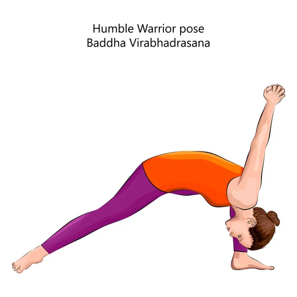 Mujer Joven Practicando Ejercicio Yoga Haciendo Pose Guerrero Humilde Baddha — Vector de stock
