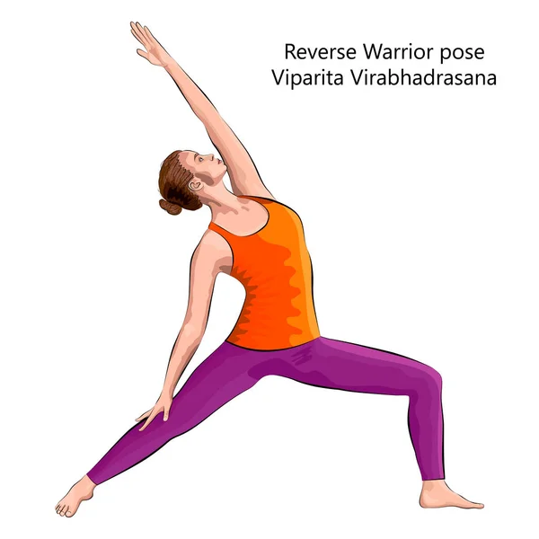 Mujer Joven Practicando Ejercicio Yoga Haciendo Pose Guerrero Inverso Viparita — Vector de stock