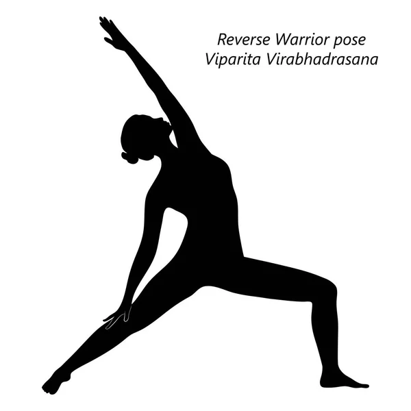 Silueta Mujer Joven Practicando Yoga Haciendo Pose Guerrero Inverso Viparita — Vector de stock