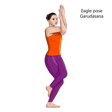 Kartal pozu veren yoga egzersizi yapan genç bir kadın. Garudasana. Ayakta ve Dengede. Orta karar. İzole vektör illüstrasyonu.