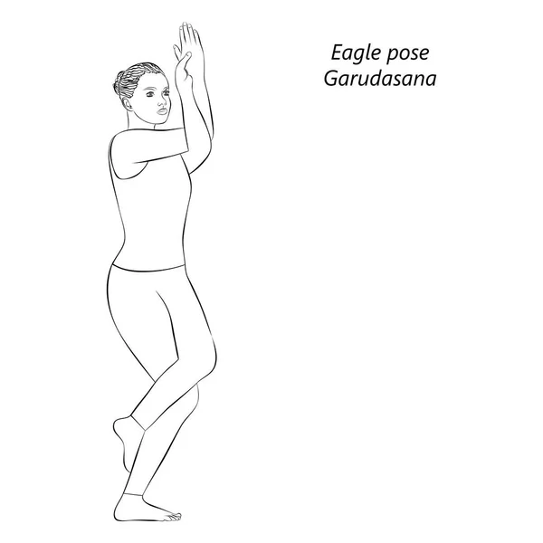 Kresba Mladé Ženy Cvičící Jógu Jak Pózuje Orel Garudasana Stojící — Stockový vektor