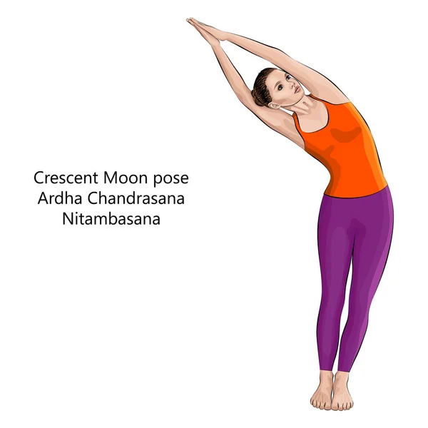 Junge Frau Praktiziert Yoga Übungen Macht Halbmond Pose Oder Halbmond — Stockvektor