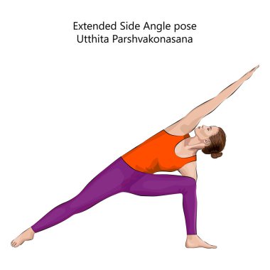 Yoga egzersizi yapan genç bir kadın, Genişletilmiş Kenar Açı pozu veriyor. Utthita Parshvakonasana. Ayakta ve Yandan Eğil. Orta karar. İzole vektör illüstrasyonu.