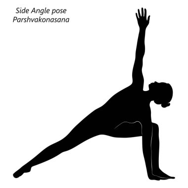 Yoga yapan, kenar açılı poz veren genç bir kadının silueti. Parshvakonasana. Ayakta ve Yandan Eğil. Orta karar. İzole vektör illüstrasyonu.