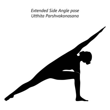 Yoga yapan, Genişletilmiş Angle pozu veren genç bir kadının silueti. Utthita Parshvakonasana. Ayakta ve Yandan Eğil. Orta karar. İzole vektör illüstrasyonu.