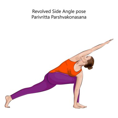 Yoga egzersizi yapan, Revolved Side Angle pozu veren genç bir kadın. Parivritta Parshvakonasana. Ayakta ve bükük. Orta karar. İzole vektör illüstrasyonu.