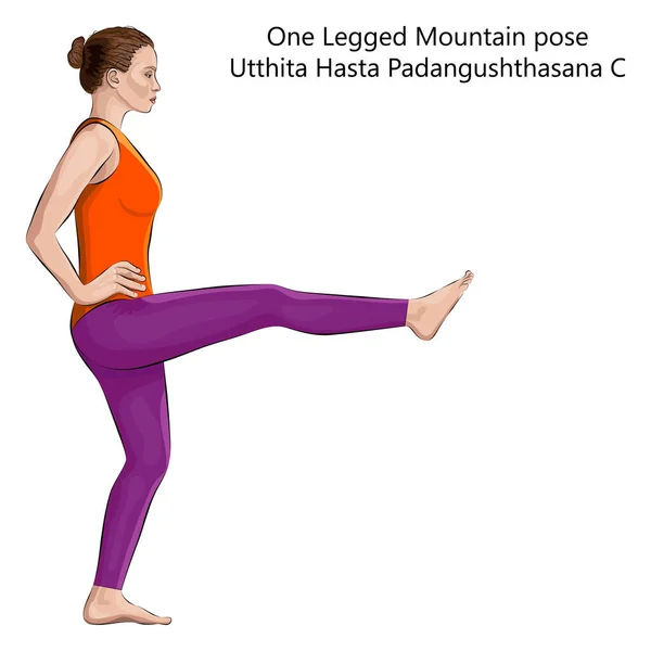 Junge Frau Praktiziert Yoga Übungen Macht Einbeinige Pose Utthita Hasta — Stockvektor