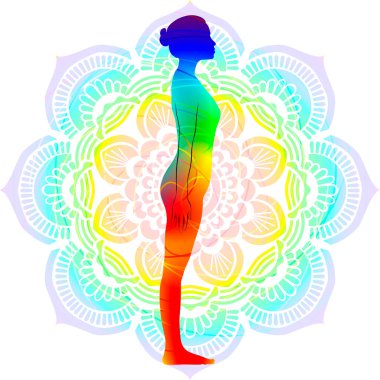 Renkli siluet yoga duruşu. Dağ duruşu ya da eşit duruş. Tadasana ya da Samasthiti. Ayakta ve Tarafsız. İzole vektör çizimi. Mandala arkaplanı.