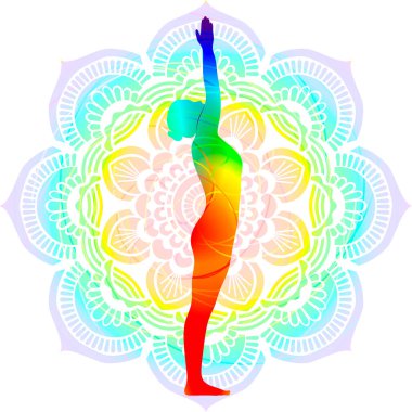 Renkli siluet yoga duruşu. Kollar havada dağ pozisyonu ya da yukarı selam duruşu. Urdhva Hastasana veya Urdhva Vrikshasana. Ayakta ve Tarafsız. İzole vektör çizimi. Mandala arkaplanı.