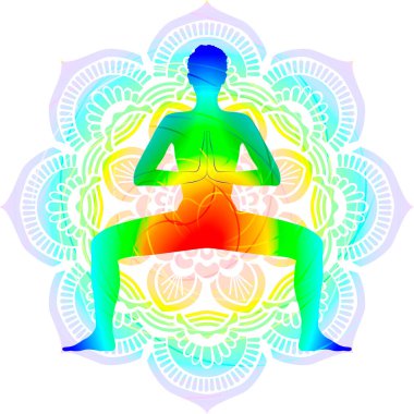 Renkli siluet yoga duruşu. Tanrıça pozu ya da At Duruşu pozu. Utkata Konasana. Ayakta ve Tarafsız. İzole vektör çizimi. Mandala arkaplanı.