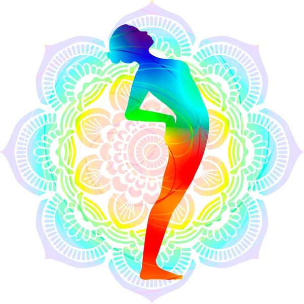 Kleurrijke Silhouet Yoga Houding Berg Met Ondersteunde Rugbuiging Pose Staande — Stockvector