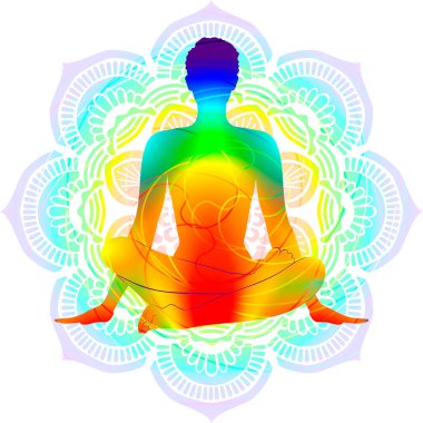 Renkli siluet yoga duruşu. Ateşleme kütüğü pozu, çifte güvercin pozu ya da kare pozisyonu. Agnistambhasana. Oturmuş ve nötr. İzole vektör çizimi. Mandala arkaplanı.
